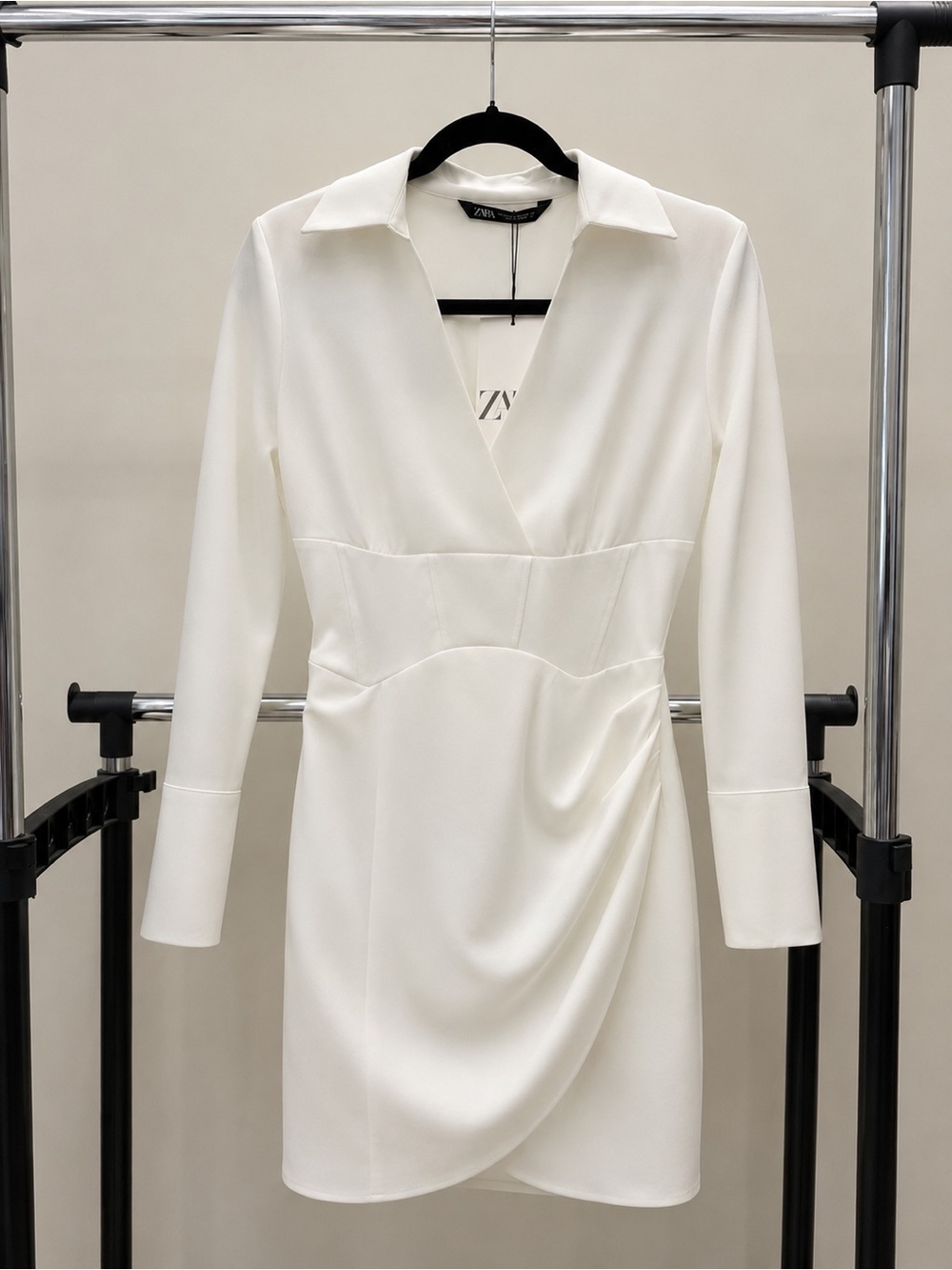 Zara Cream Long-Sleeve Wrap-Style Mini Dress